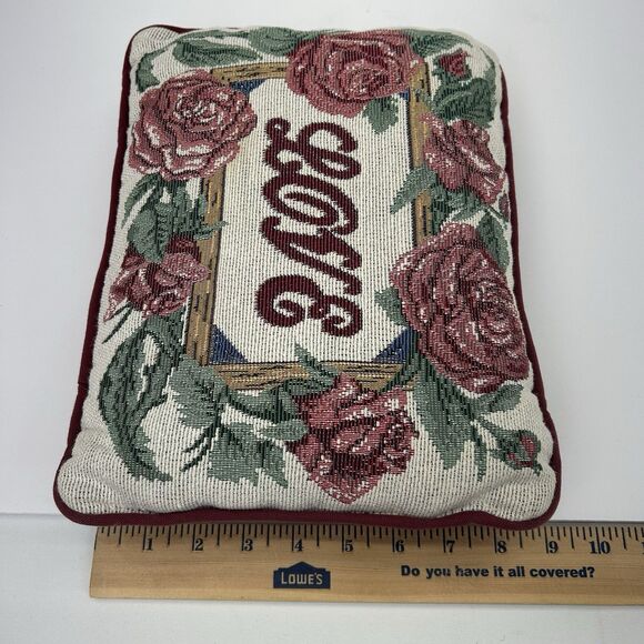 Vintage Tapestry Throw Pillow Love With Roses Home Decor Floral Grandma Wreath - Picture 6 of 8